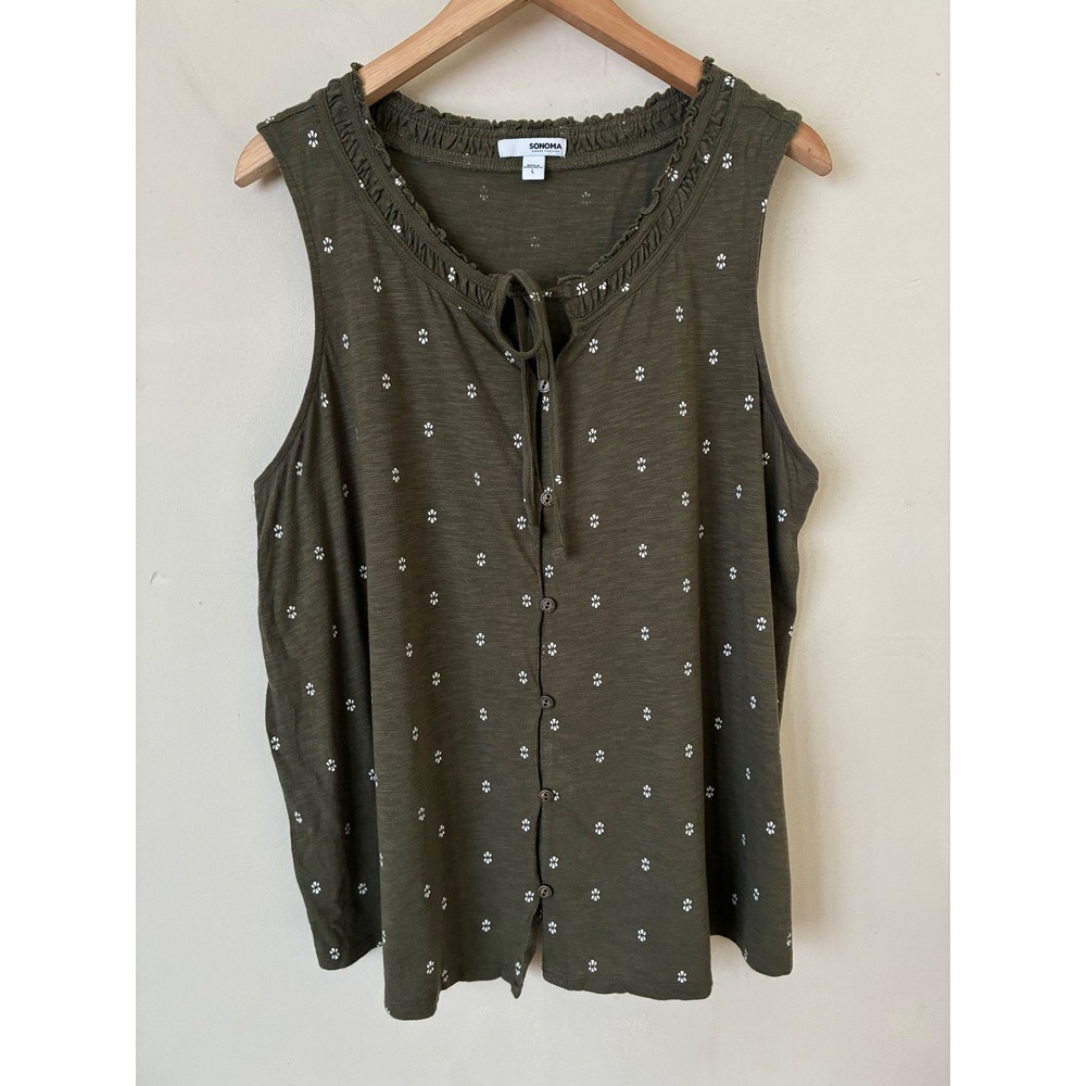 Sonoma Olive Green Fall Floral Ruffle Neck Sleeveless Button Down Top L Boho